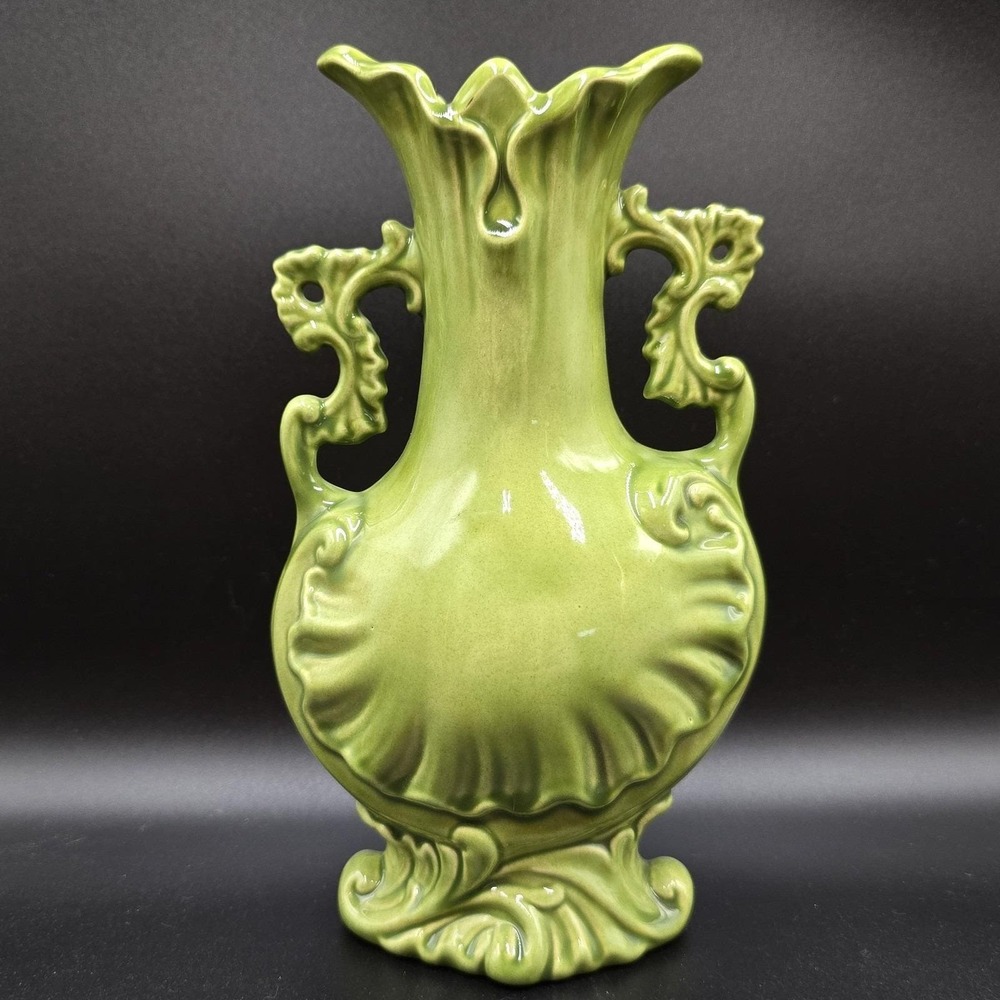 Handmade Green Art Pottery Vase 9" Signed MF Ceramic Decorative